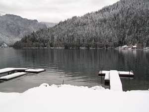 Snow on the dock at Lake Crescent